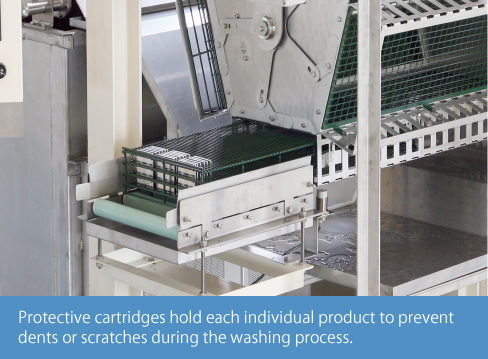 Protective cartridges hold each individual product to prevent dents or scratches during the washing process.